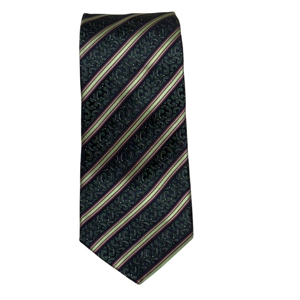 Ermenegildo Zegna Silk Tie Mens OS Green Paisley Striped Luxury Italy Designer